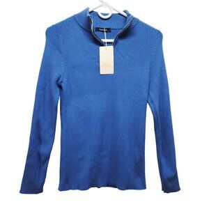 Ribbed Blue Long Sleeve Zippered Womens Collar Fashion Sweater - S